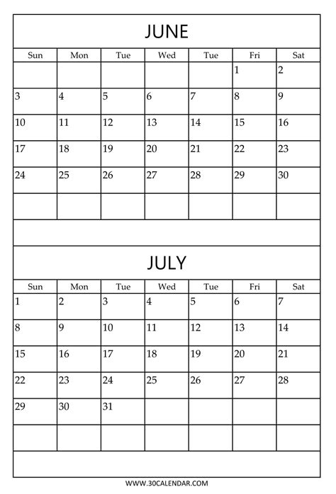 June July Calendar Printable